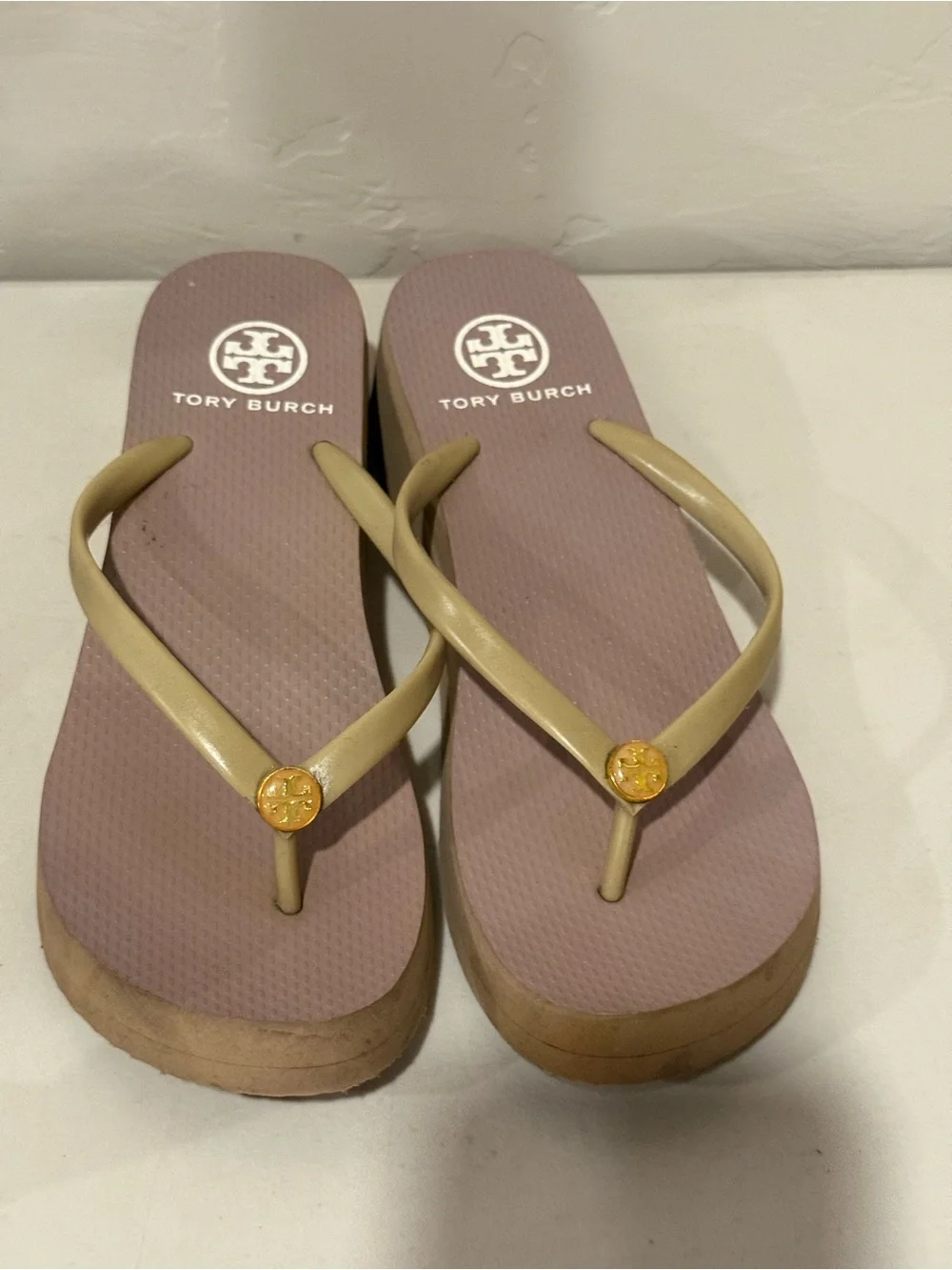 Tory Burch Beige-Strap Pink Tan‎ Footbed Platform Sandals Sz 7 M